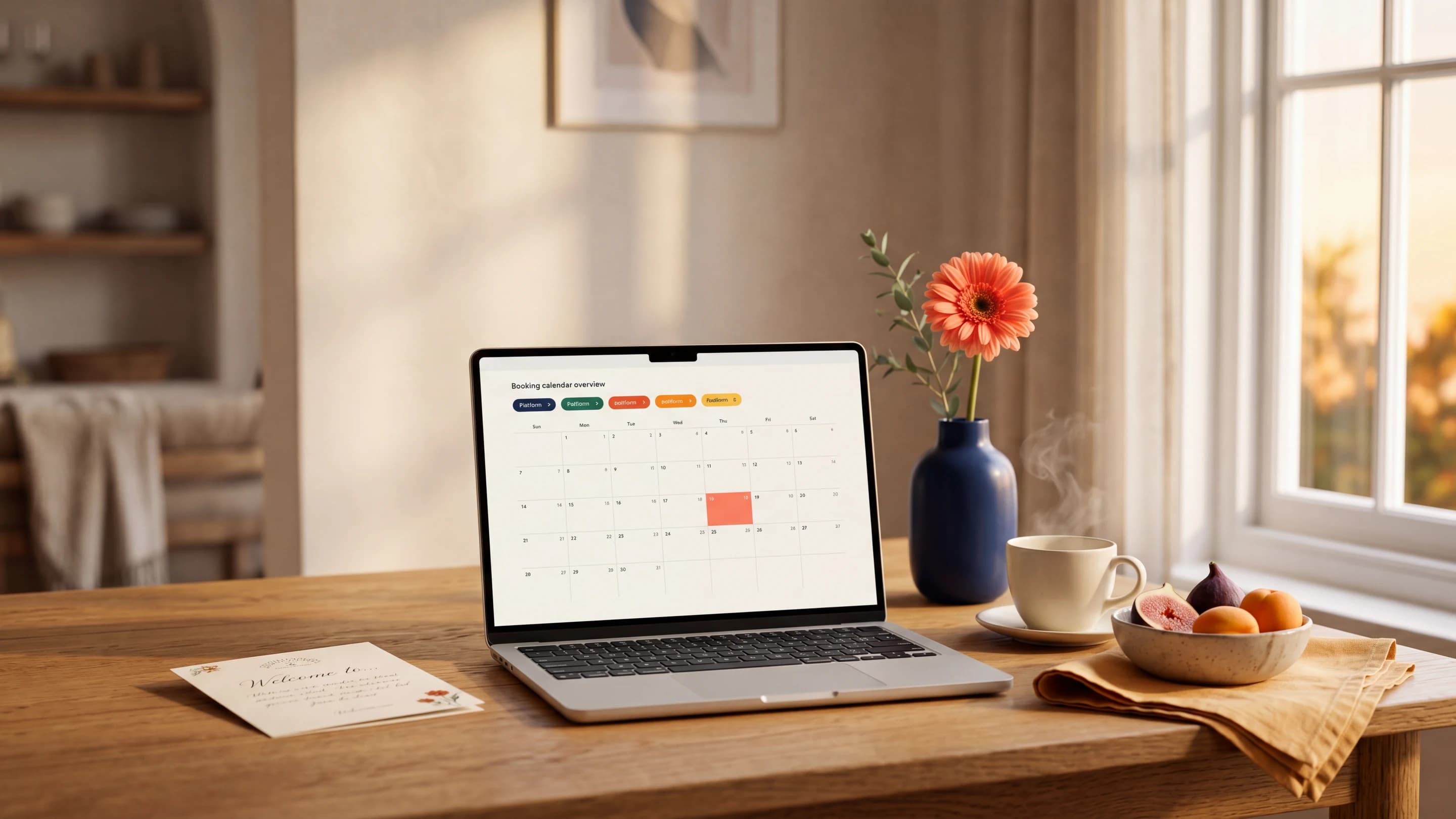 Ein Kalender, der sich auf mehrere Buchungsplattformen synchronisiert — visuelles Symbol für Channel-Manager-Software.