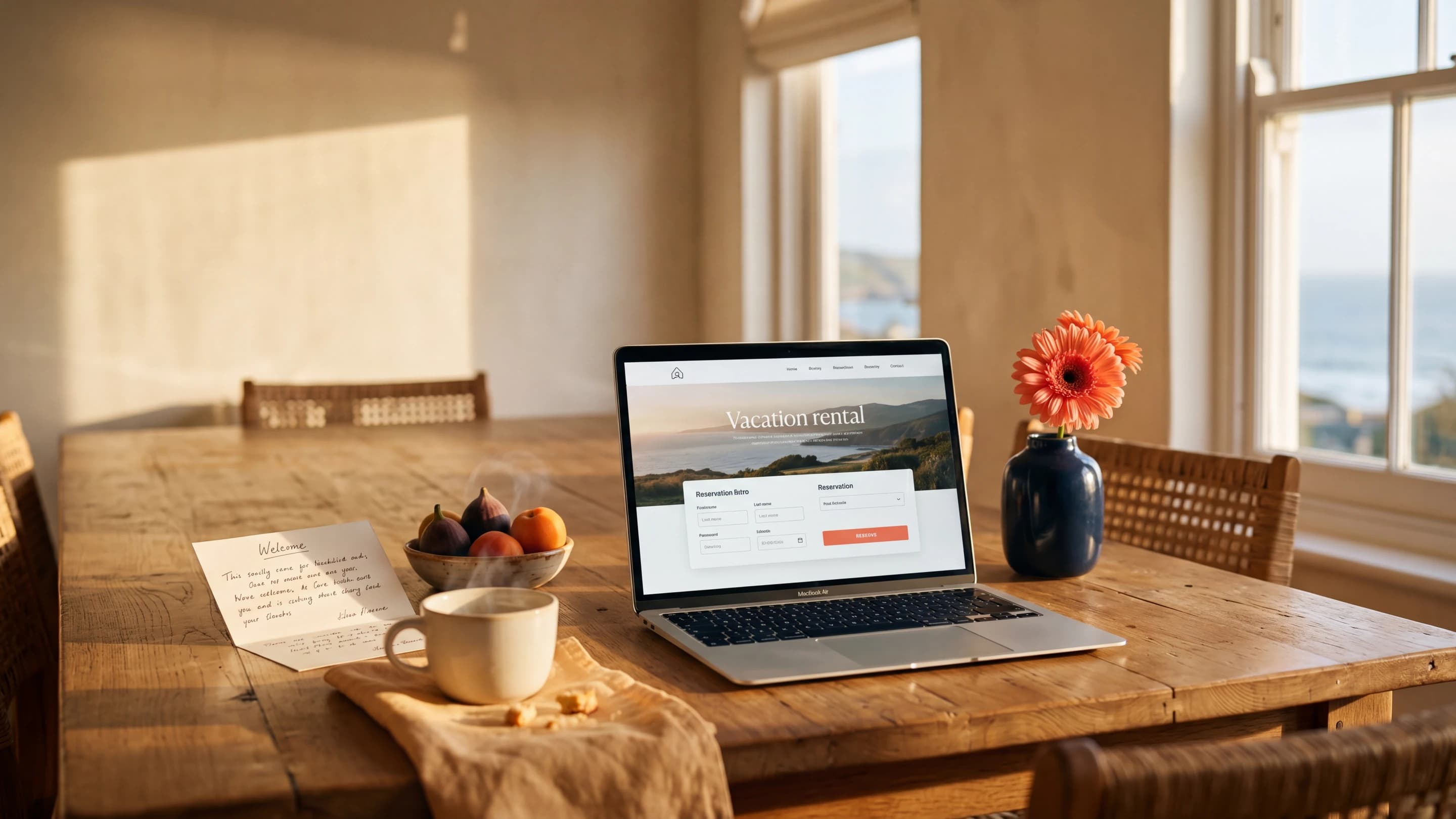 Ein Laptop auf einem Holztisch mit Blick aus dem Fenster auf die Landschaft — Symbol für eine eigene Buchungswebseite ohne Plattform-Provision.