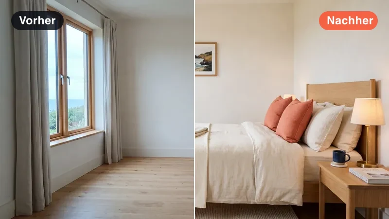 Vorher/Nachher-Beispiel: leeres Wohnzimmer wird per KI virtuell möbliert
